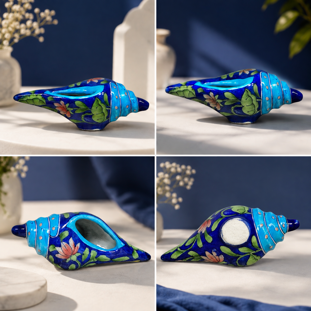 Decorative blue pottery shankh styled on a wooden tabletop for home decor
