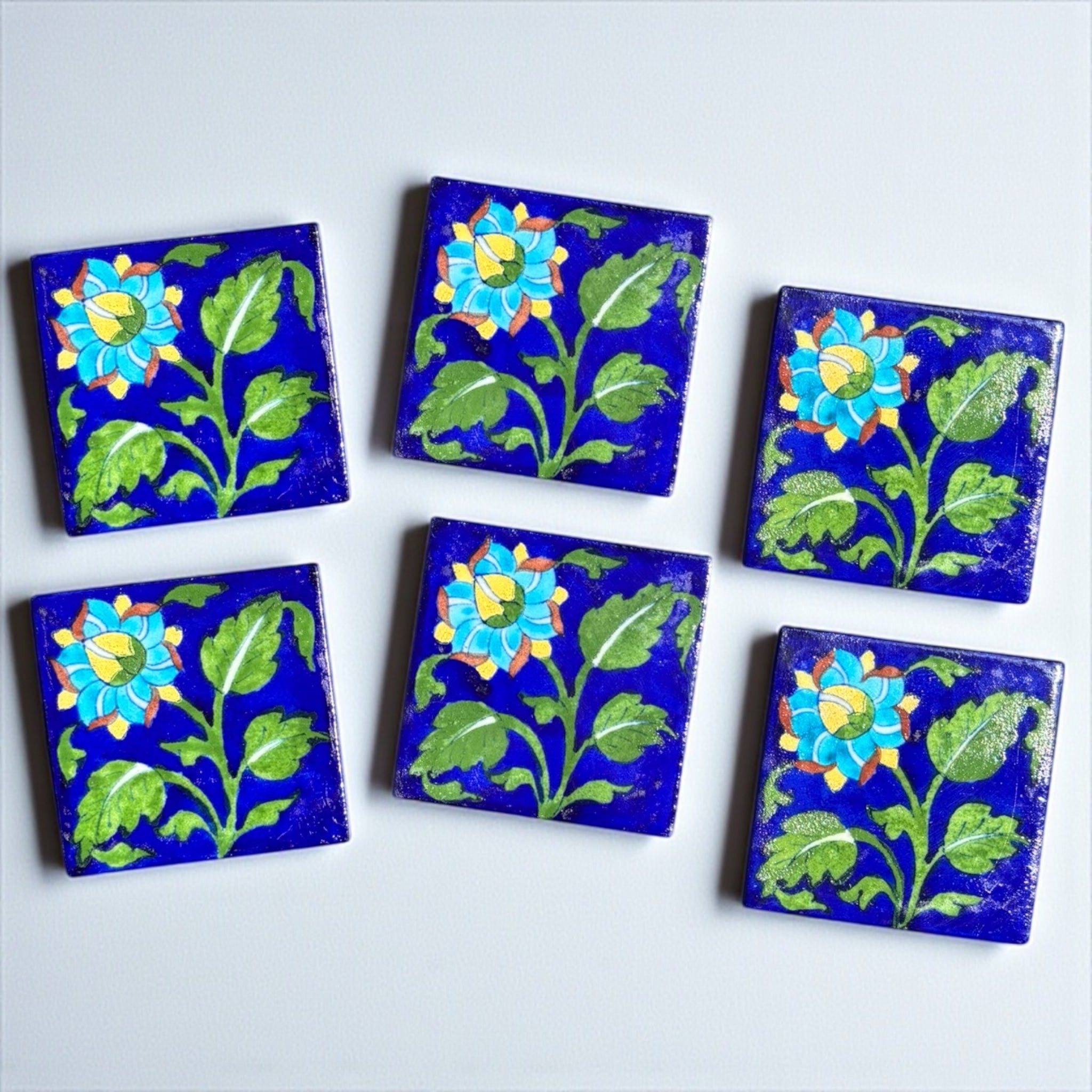 Blue Pottery Coasters – Set of 6 (Handcrafted Floral Design)