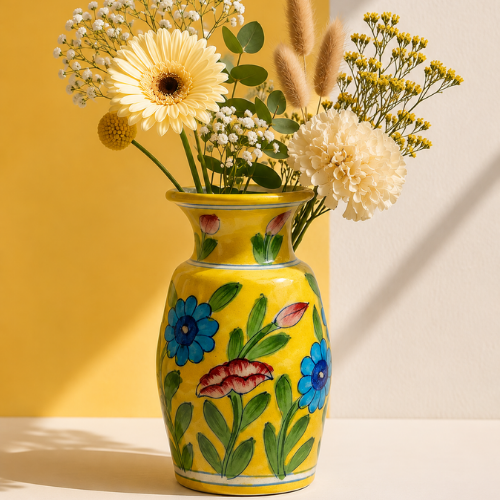handmade yellow blue pottery vase Jaipur front view