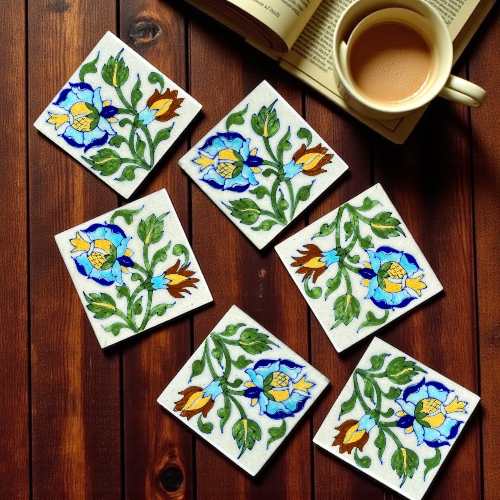 Floral Design Coaster With White Base - Set of 6