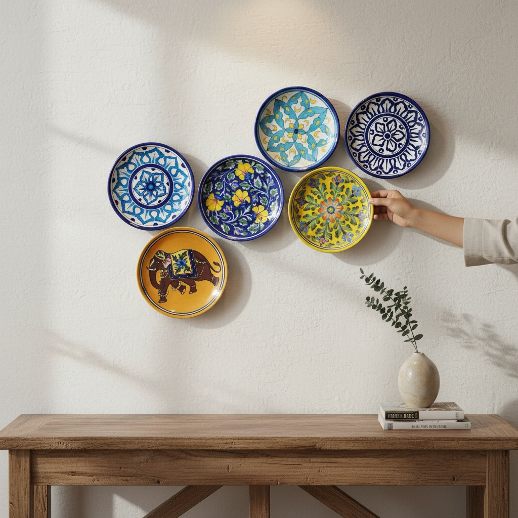 Blue Pottery Wall Hanging Plate (Set of 6)