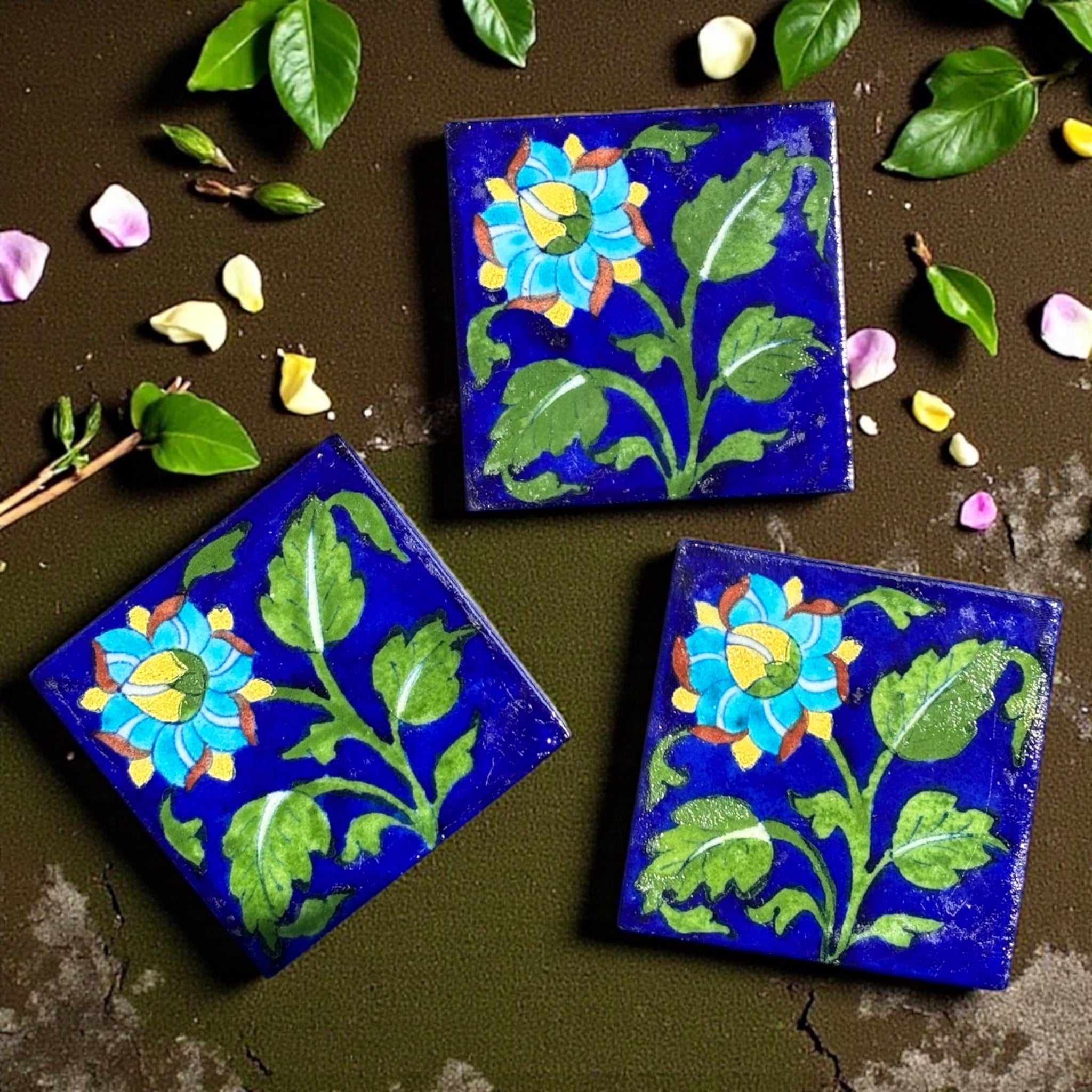 Blue Pottery Coasters – Set of 6 (Handcrafted Floral Design)