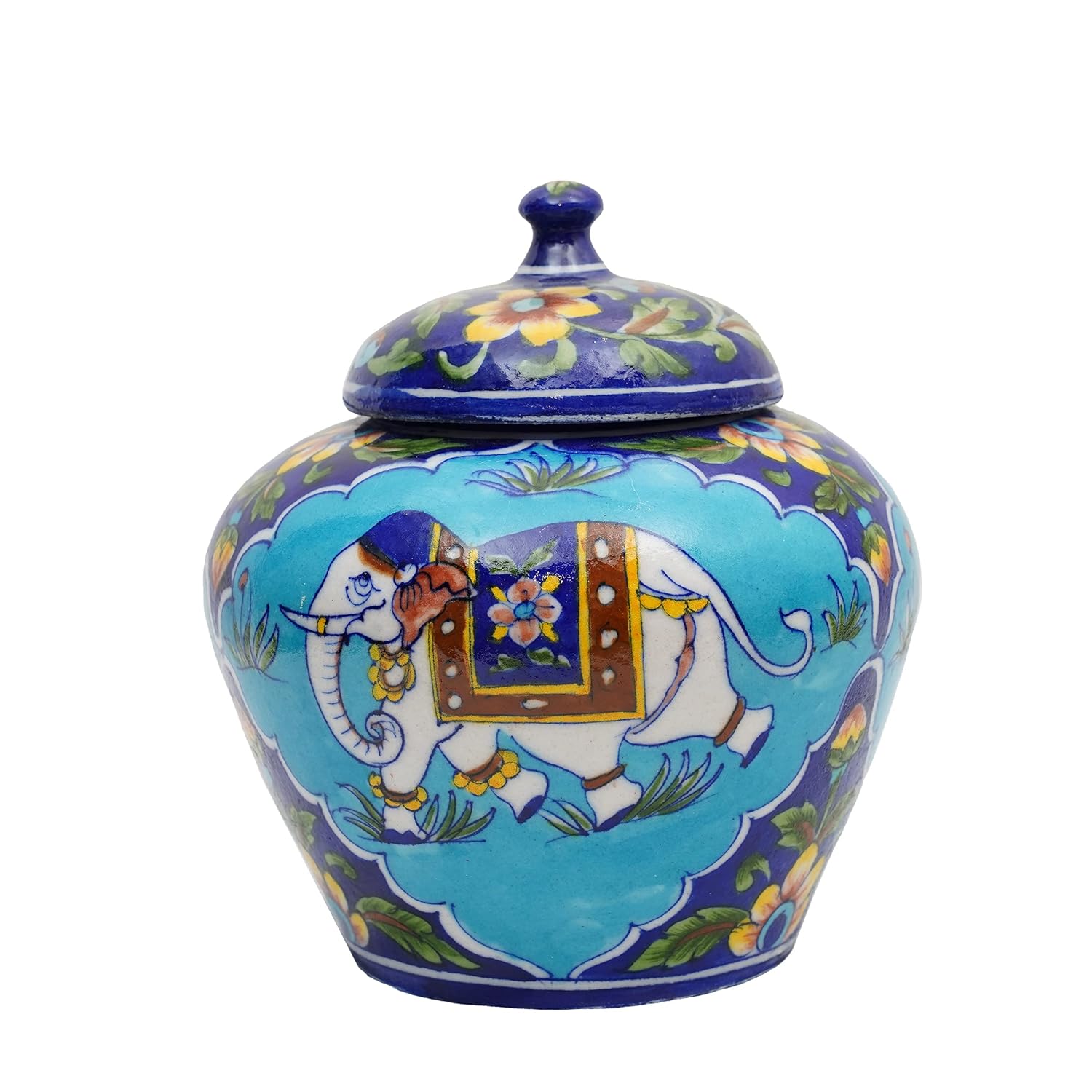 Blue Pottery Elephant Print Vase - Jar
