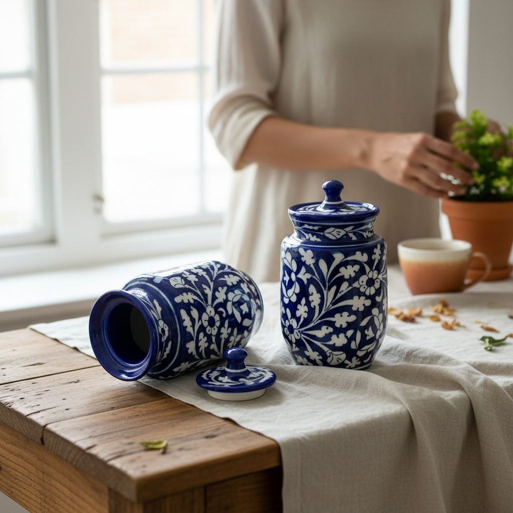 Premium Handmade Blue Pottery Storage Jar – 370 ml | Jaipur Pottery