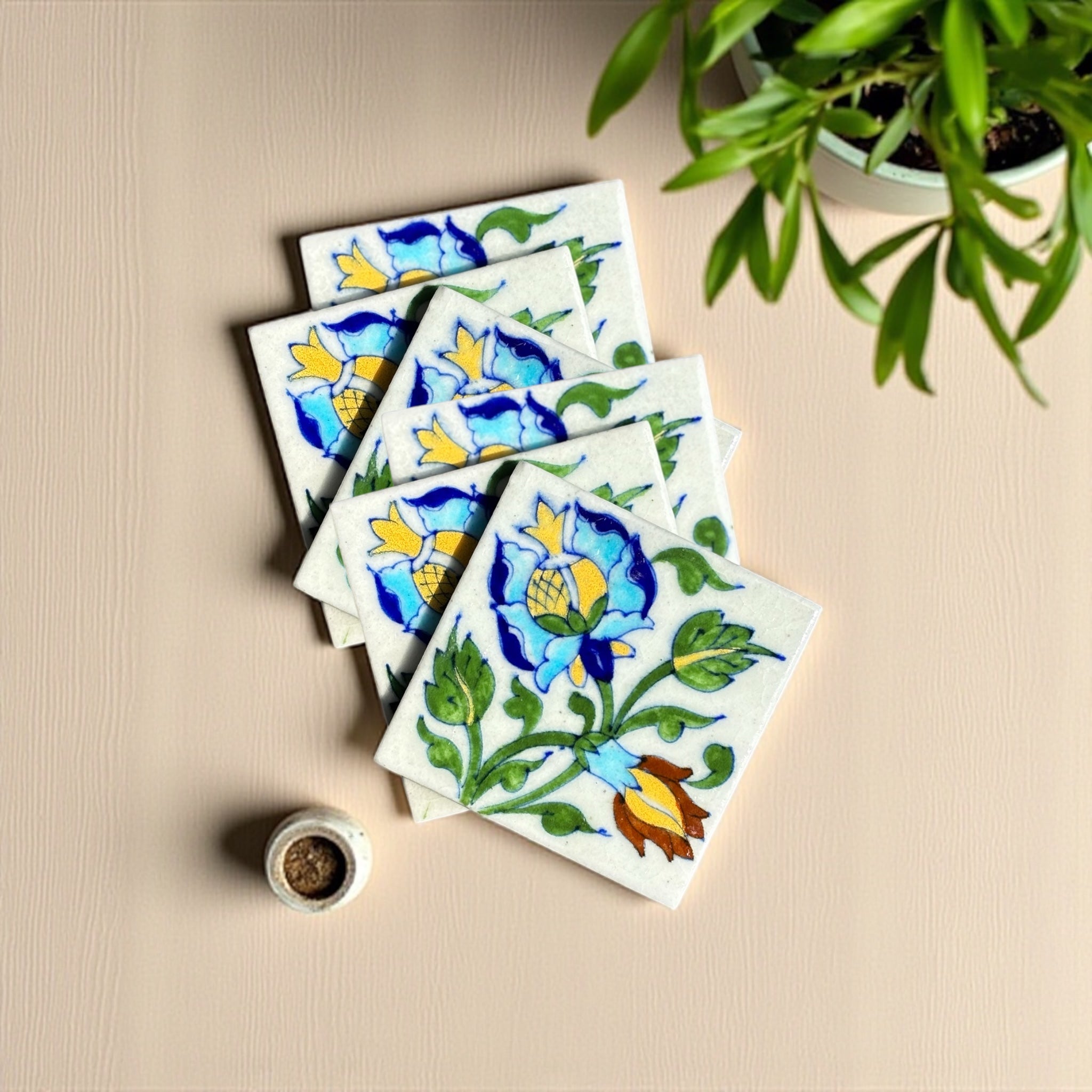 Floral Design Coaster With White Base - Set of 6