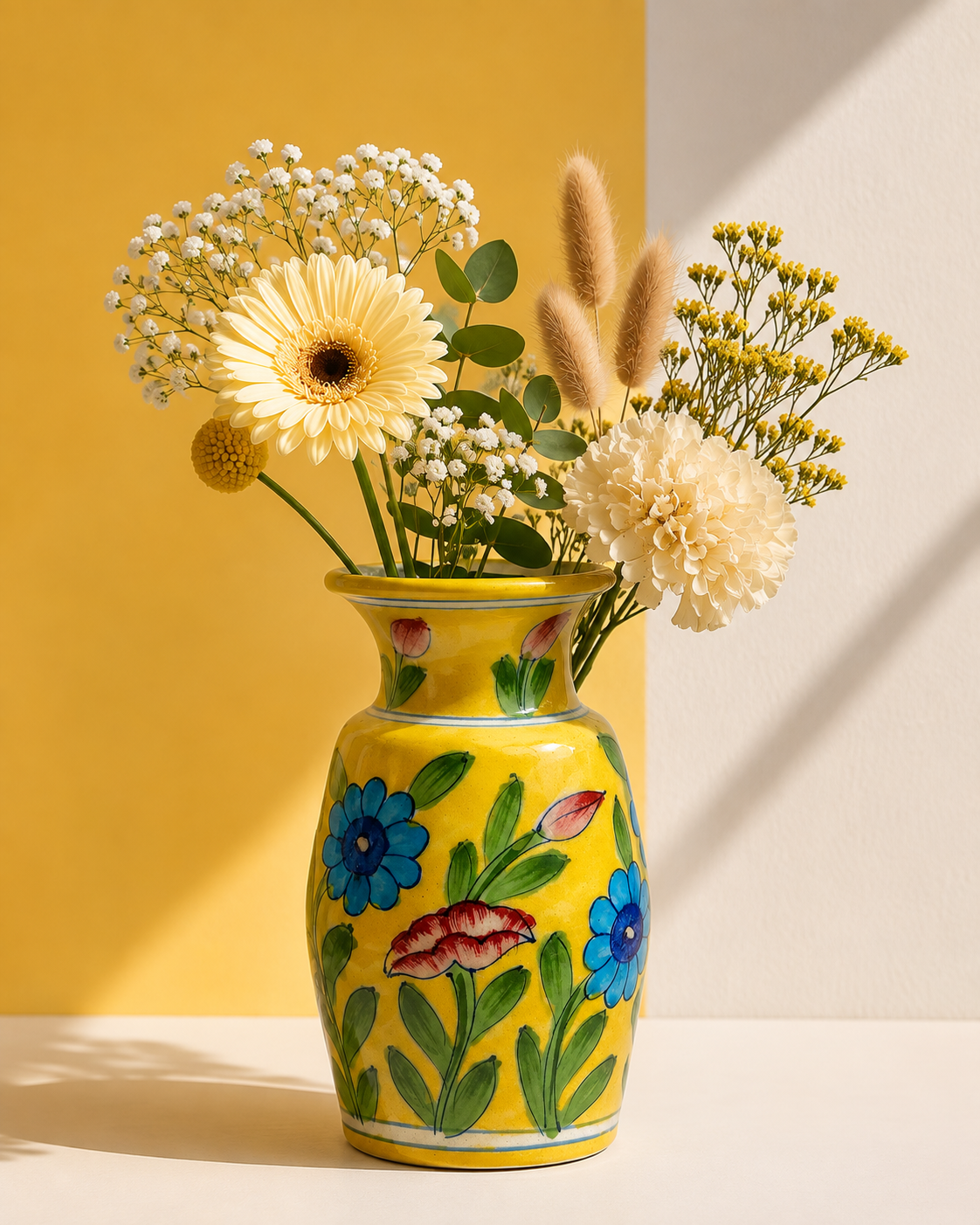 handmade yellow blue pottery vase Jaipur front view