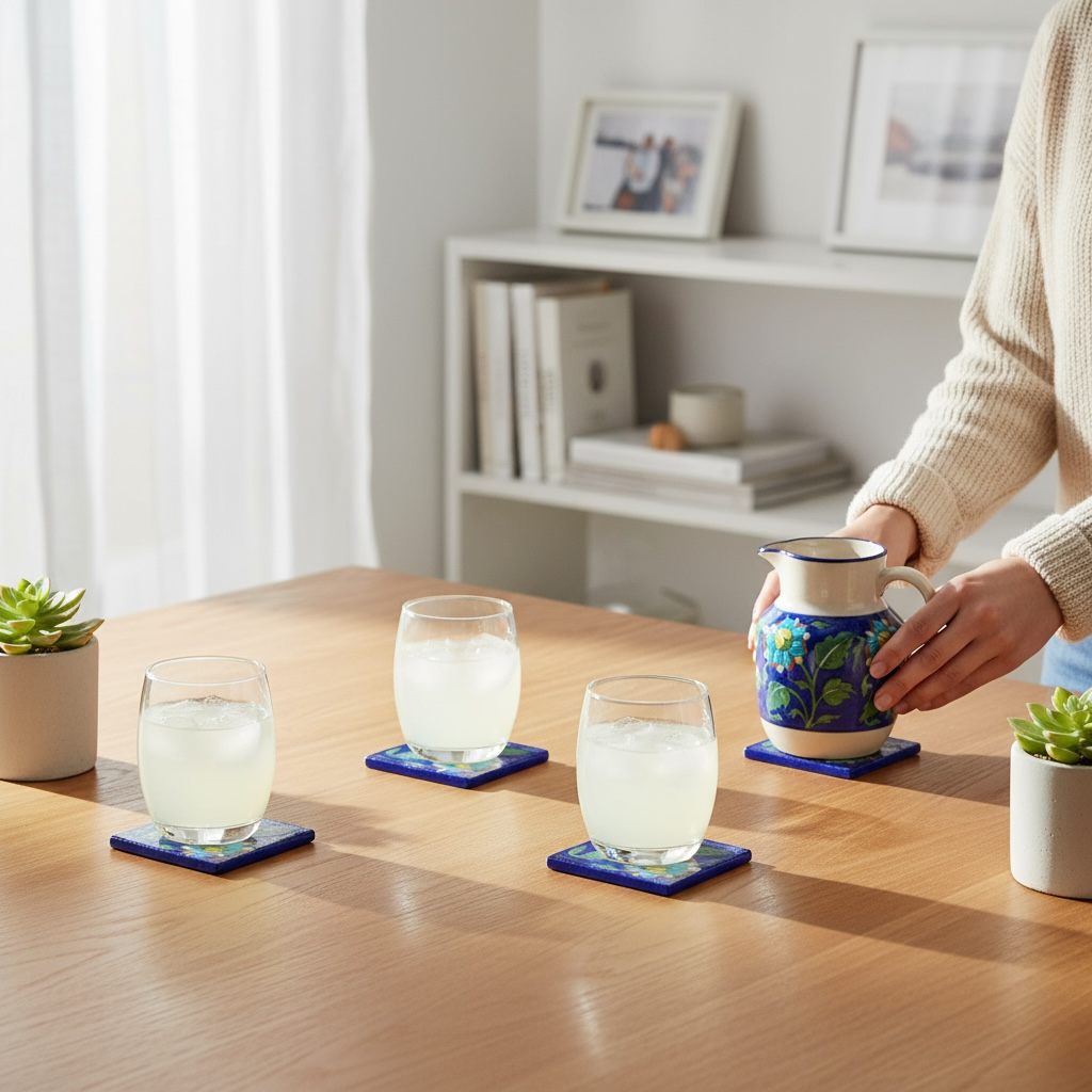 Blue Pottery Coasters – Set of 6 (Handcrafted Floral Design)