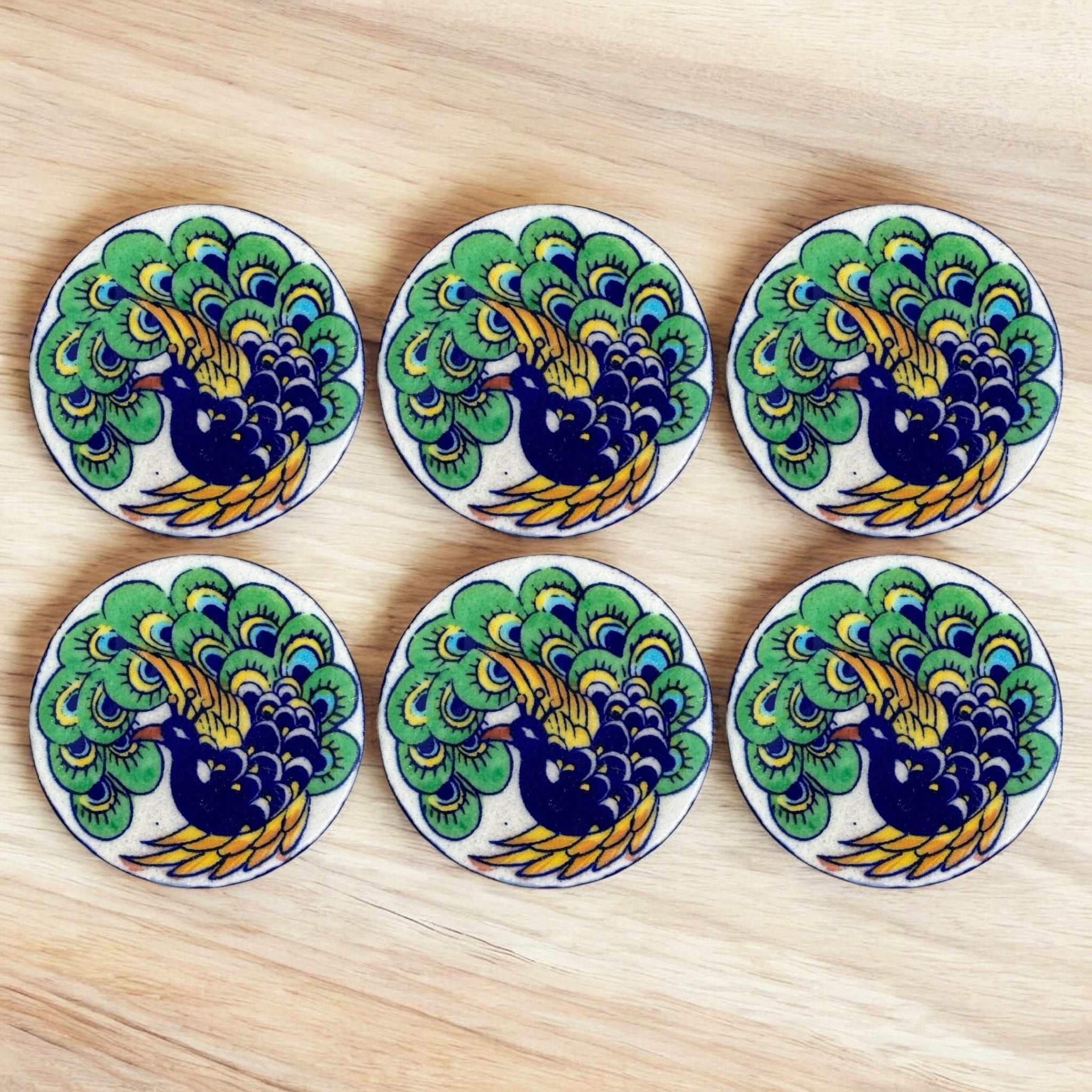 Blue Pottery Peacock Coaster (Set Of 6)