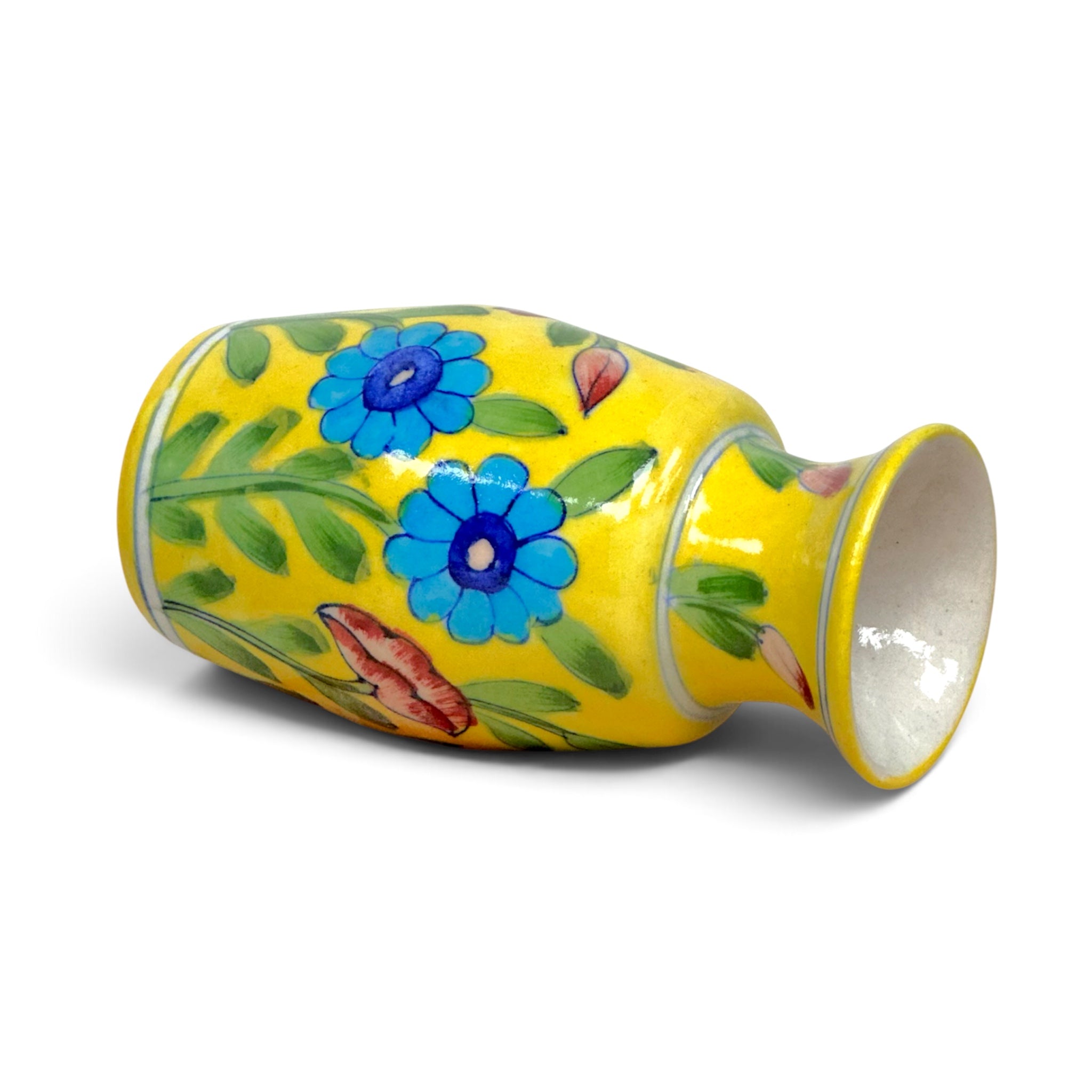Yellow Blue Pottery Flower Vase – Handmade Jaipur Hand-Painted Décor