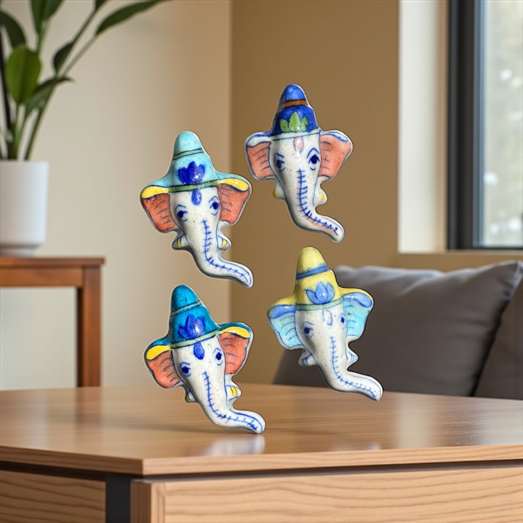 Blue Pottery Ganesha Fridge Magnets – Set of 4