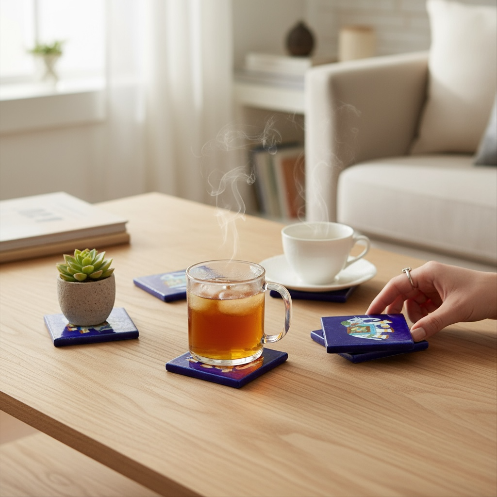 Elephant Design Blue Pottery Coaster Set of 6