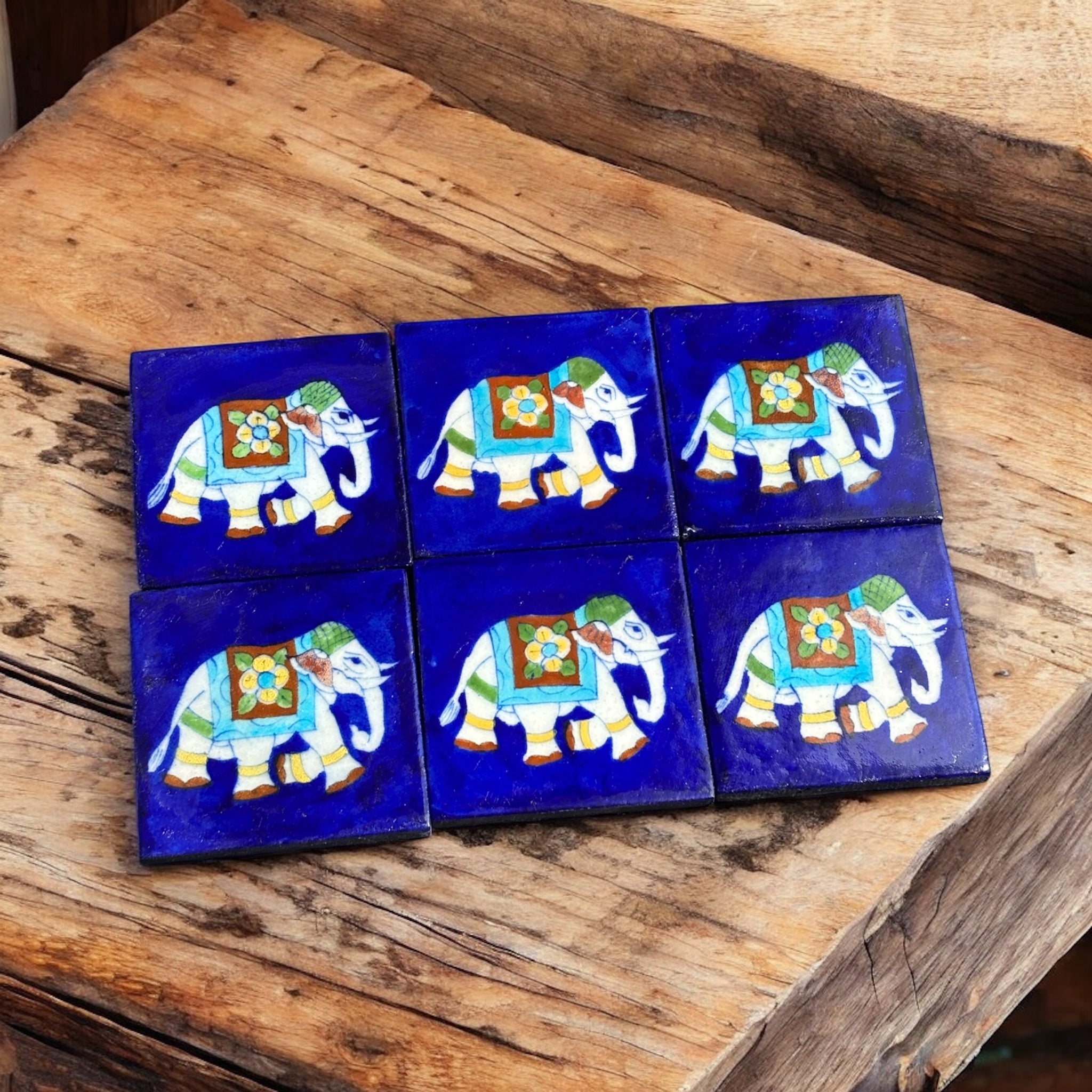 Elephant Design Blue Pottery Coaster Set of 6
