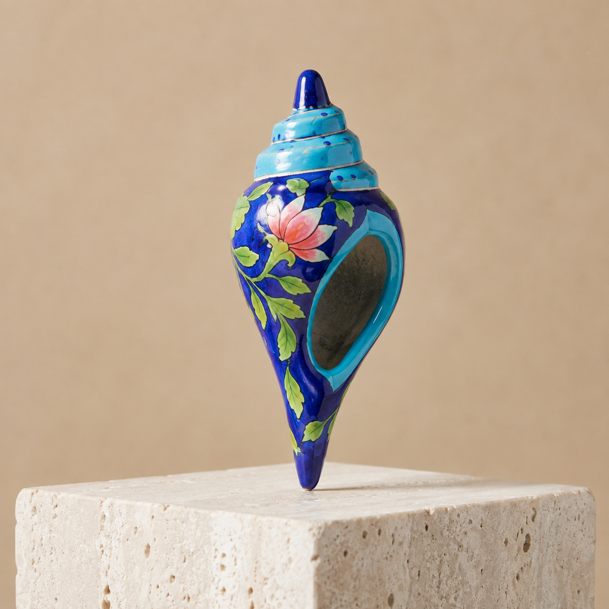 Handpainted Jaipur Blue Pottery Conch Shell (Shankh) – Decorative Floral Art Piece