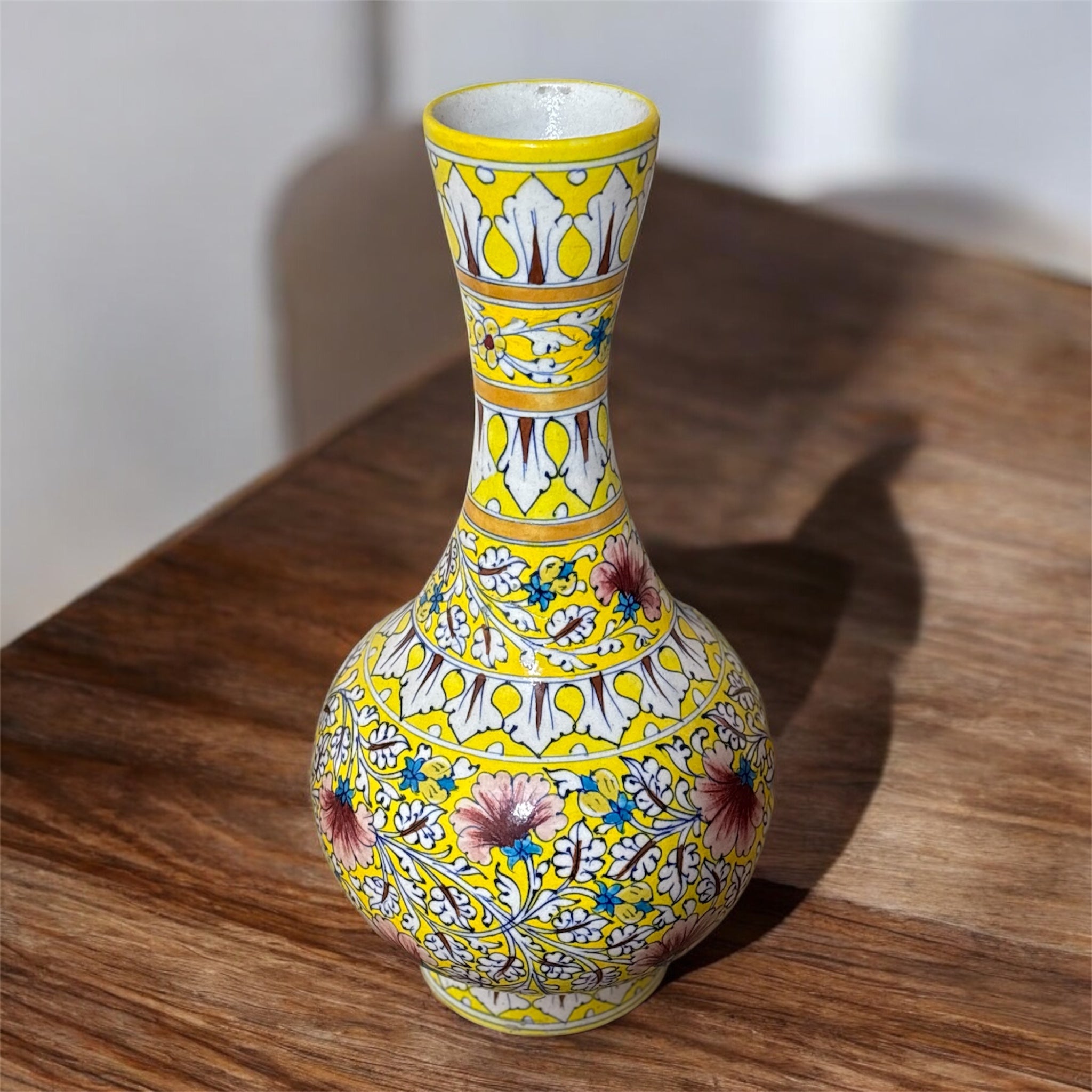 Handcrafted Yellow Blue Pottery Vase – Floral Design