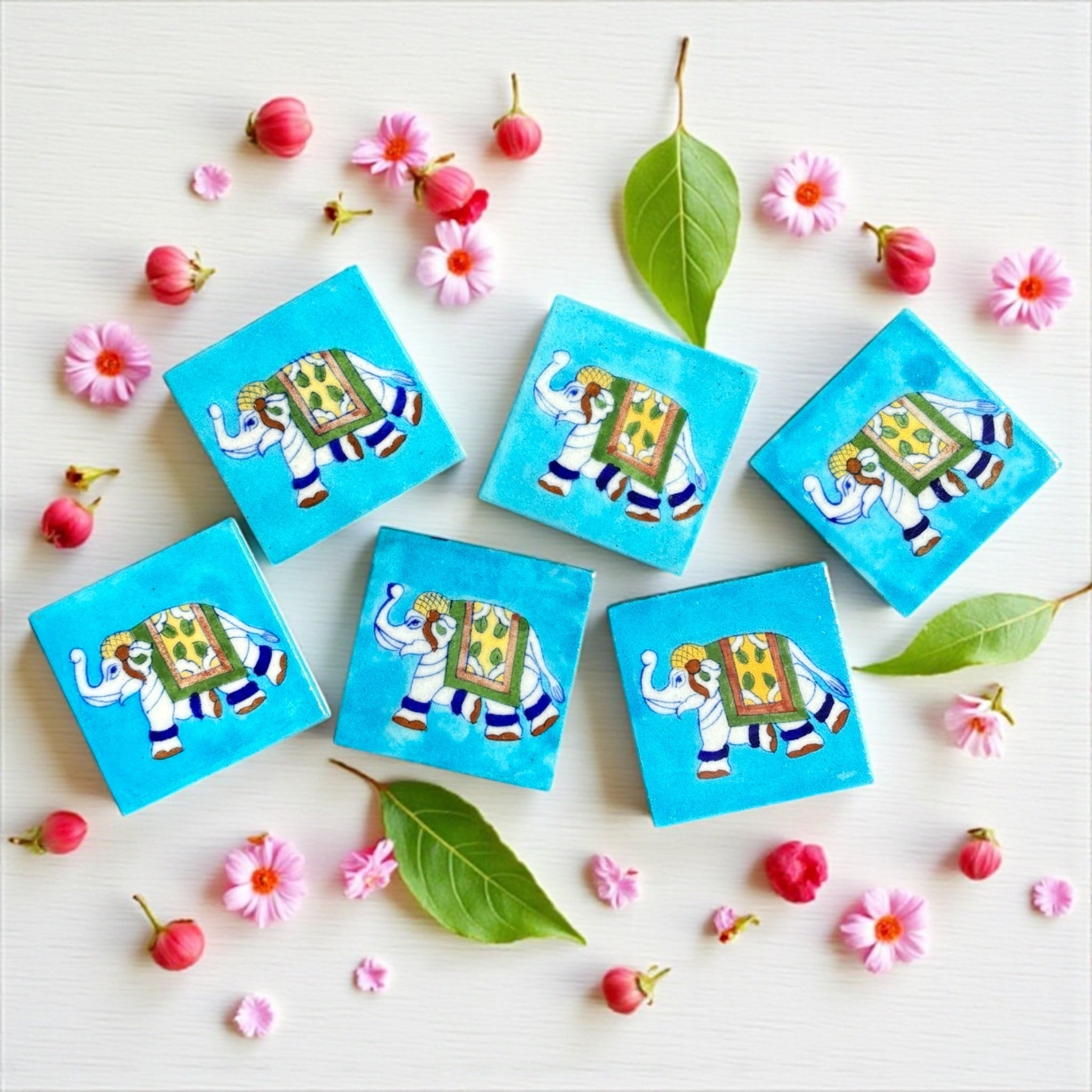 Elephant With Sky Blue Base Set Of 6