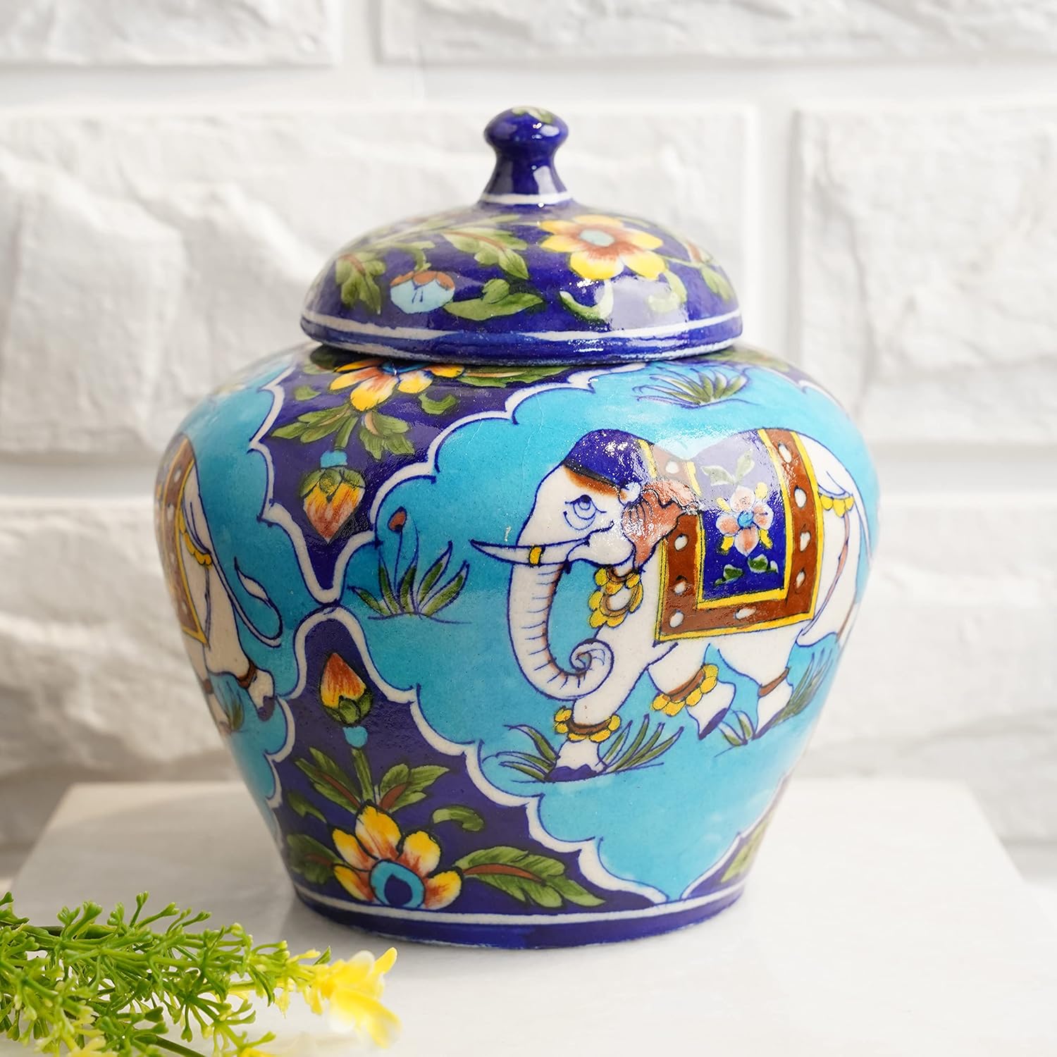Blue Pottery Elephant Print Vase - Jar