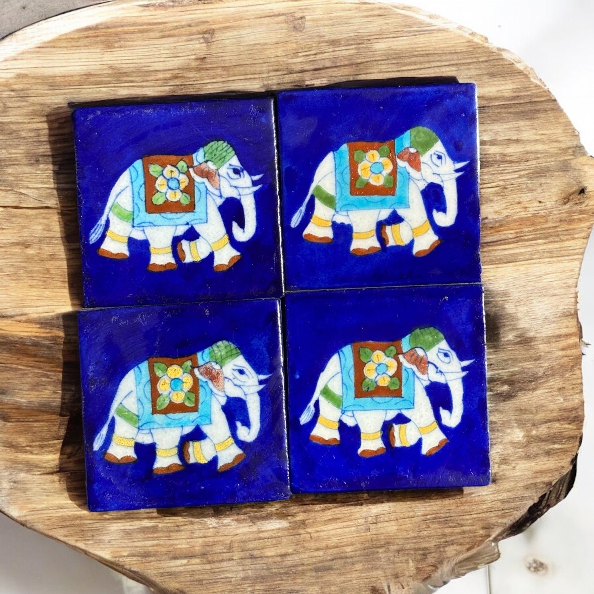 Elephant Design Blue Pottery Coaster Set of 6
