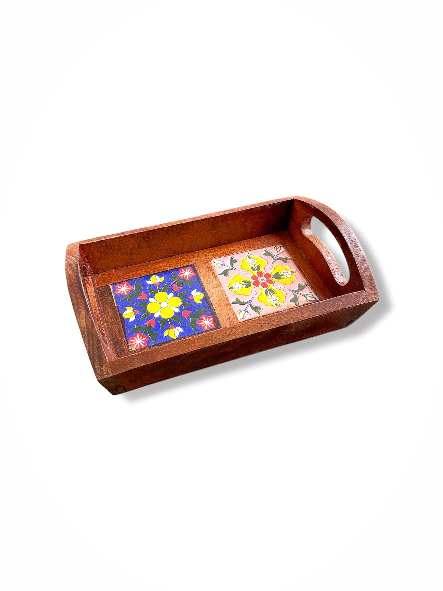 Blue Pottery Wooden Tray 2 Tile