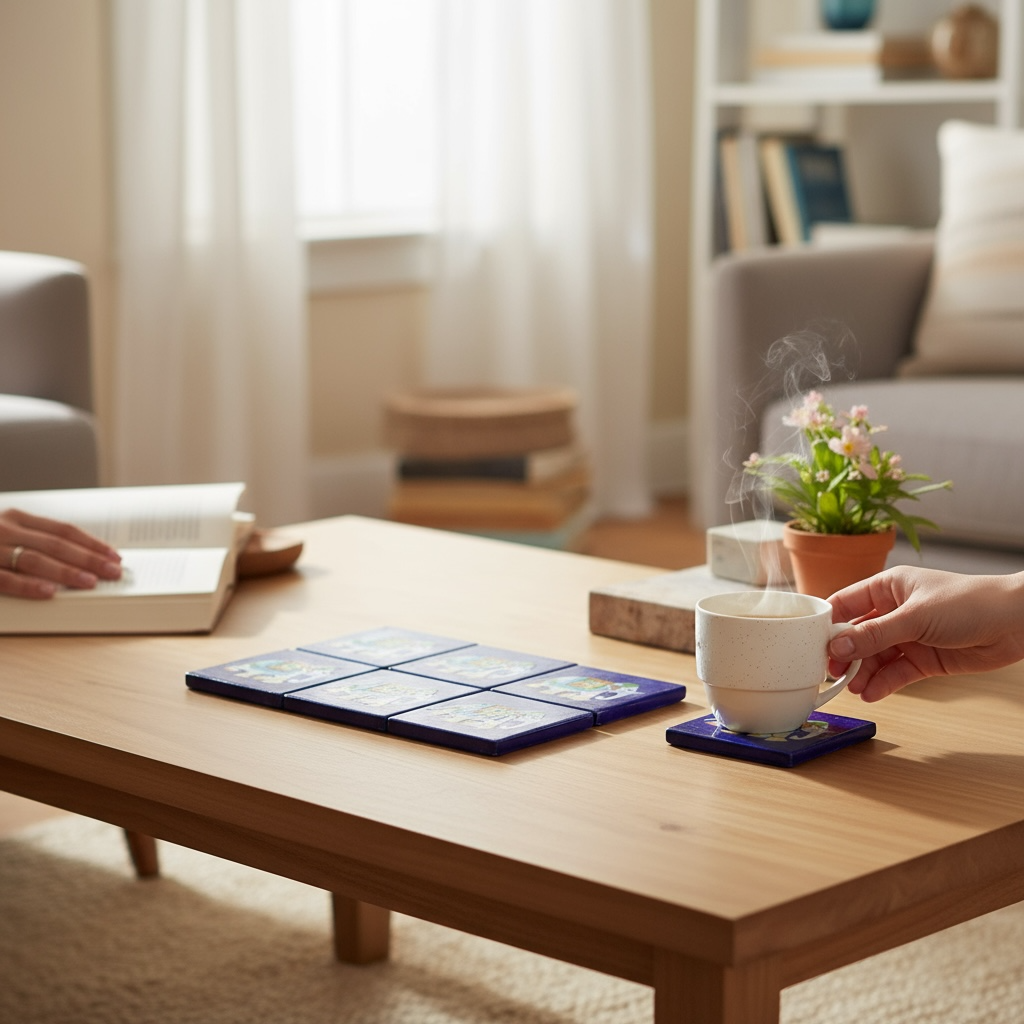 Elephant Design Blue Pottery Coaster Set of 6