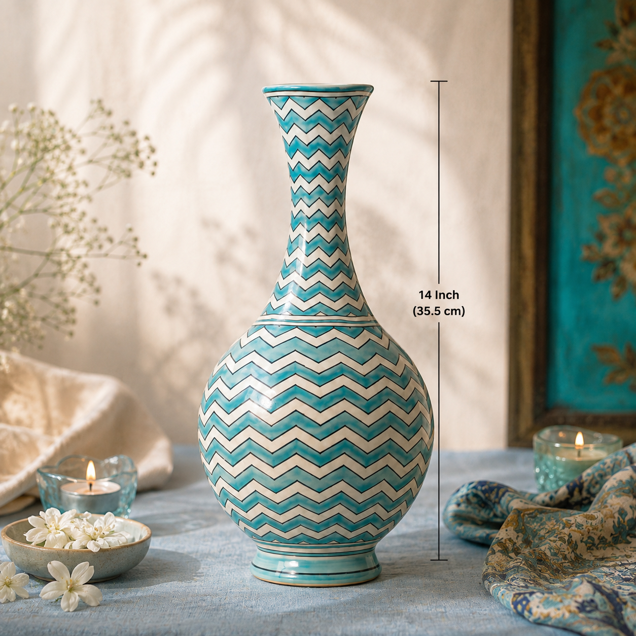 Turquoise and white handmade Jaipur Blue Pottery decorative vase