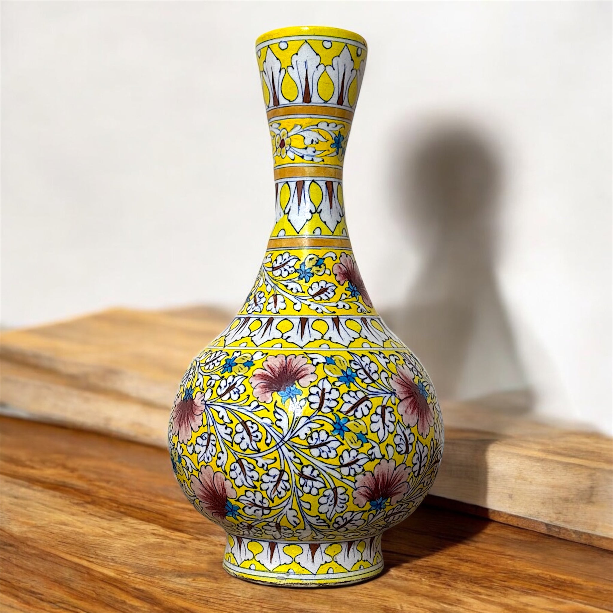 Handcrafted Yellow Blue Pottery Vase – Floral Design