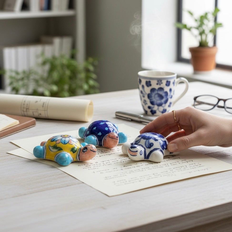 Blue Pottery Turtle Paper Weight