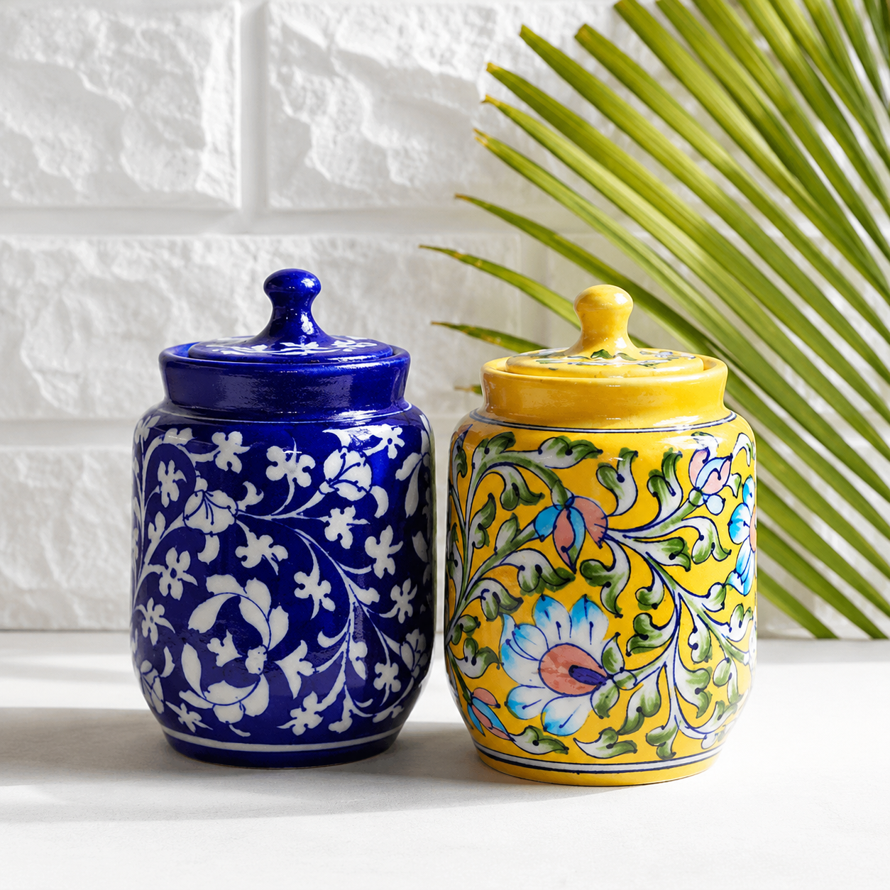 Jaipur Blue Pottery Jars Set of 2 with traditional floral design
