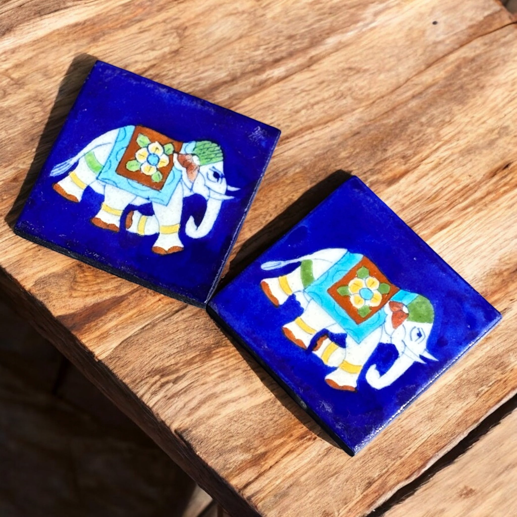 Elephant Design Blue Pottery Coaster Set of 6