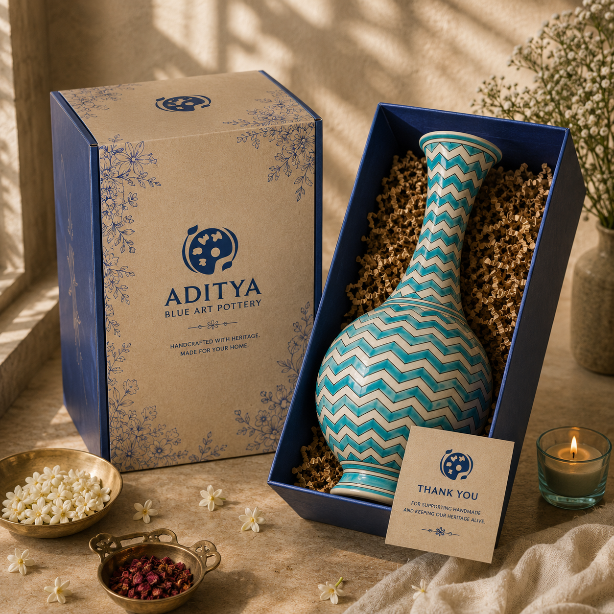 Jaipur Blue Pottery Vase | Handmade Turquoise & White Decorative Vase