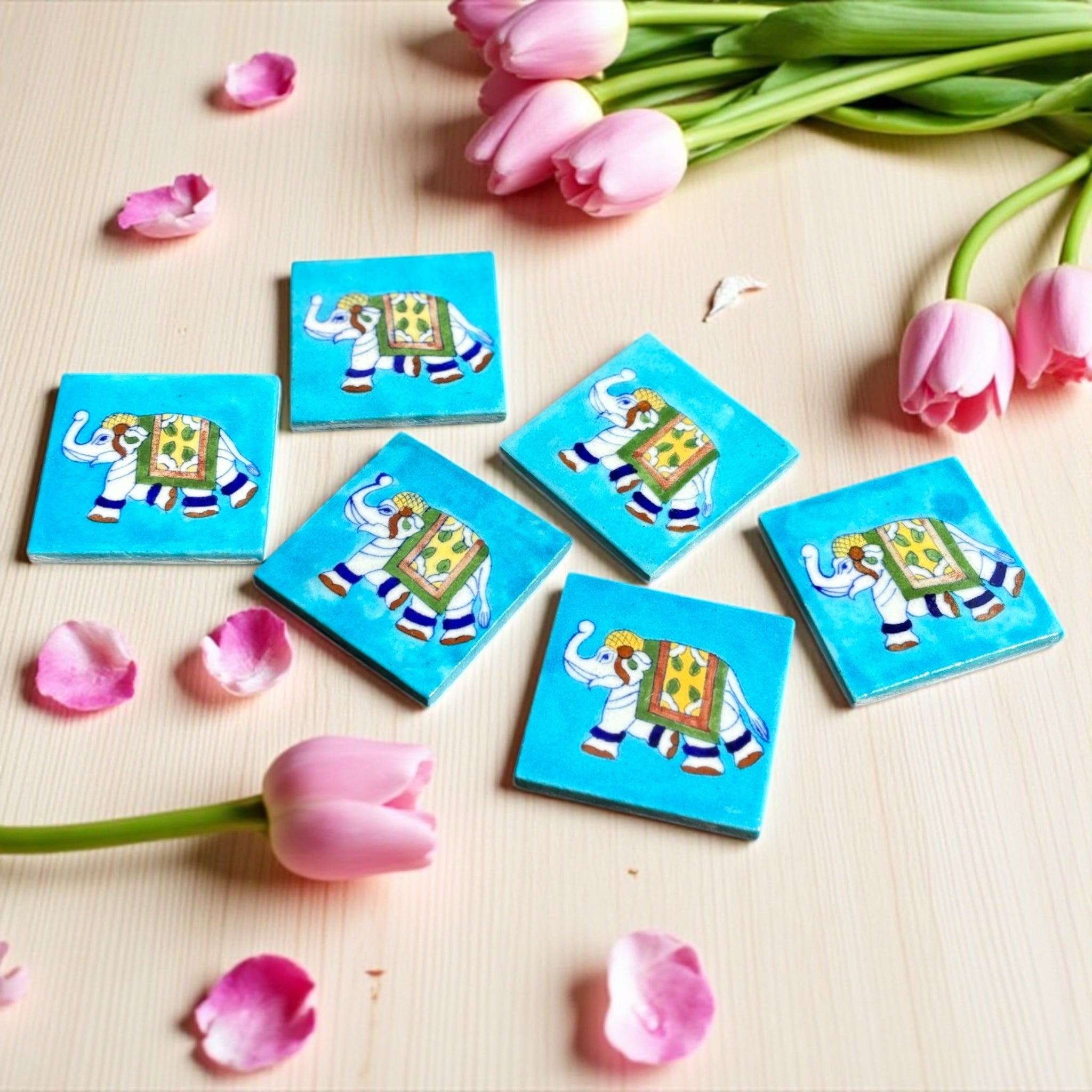 Elephant With Sky Blue Base Set Of 6