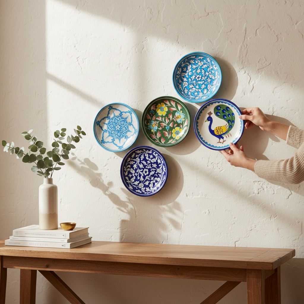 Blue Pottery Wall Hanging Plates (Set of 5)