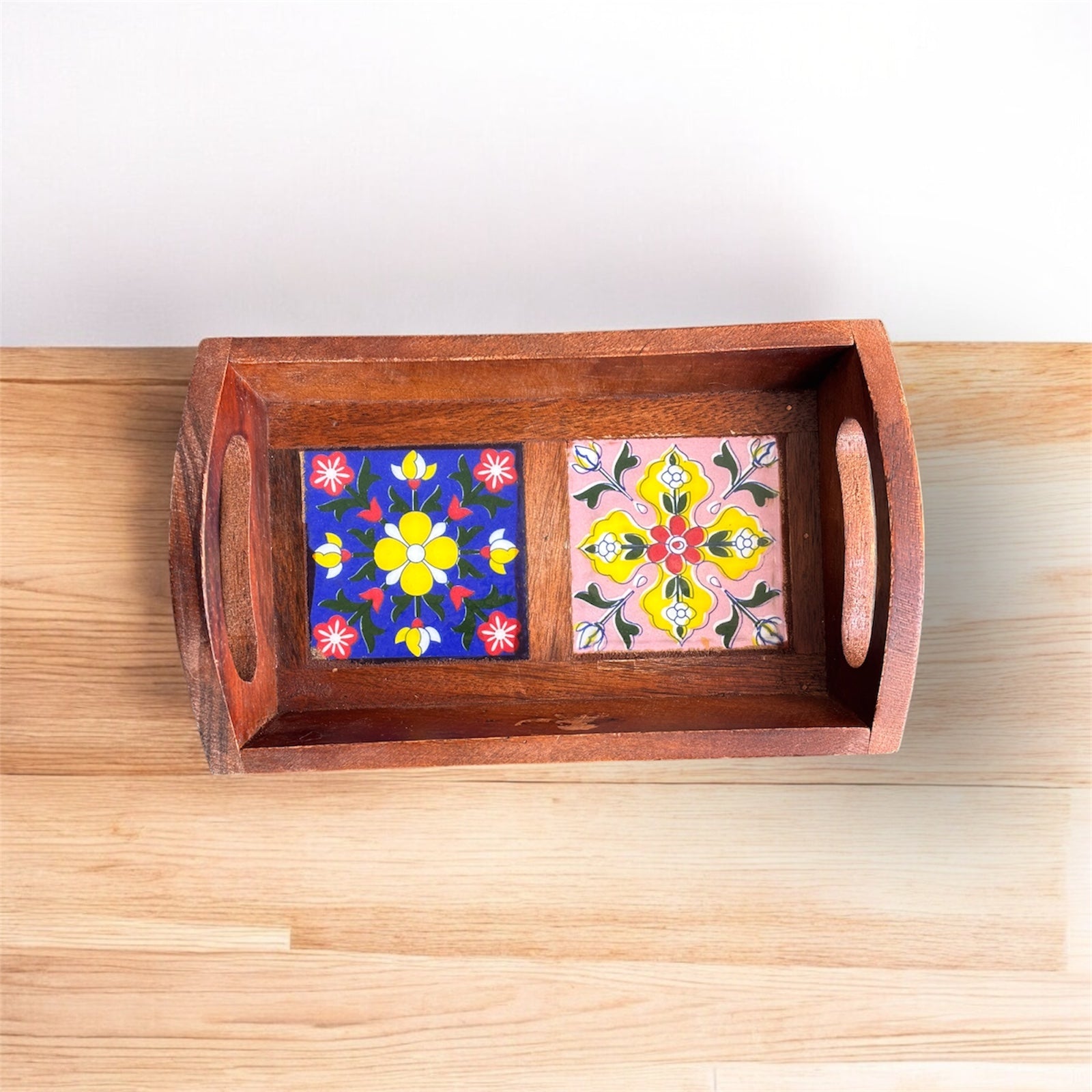 Blue Pottery Wooden Tray 2 Tile