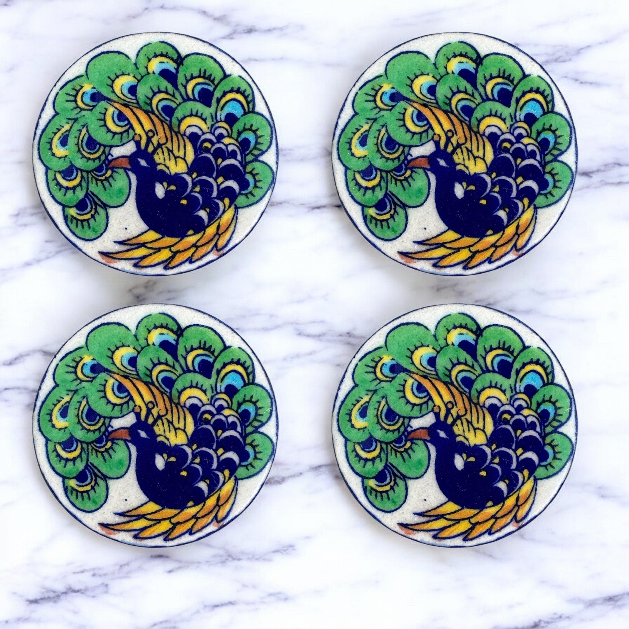 Blue Pottery Peacock Coaster (Set Of 6)
