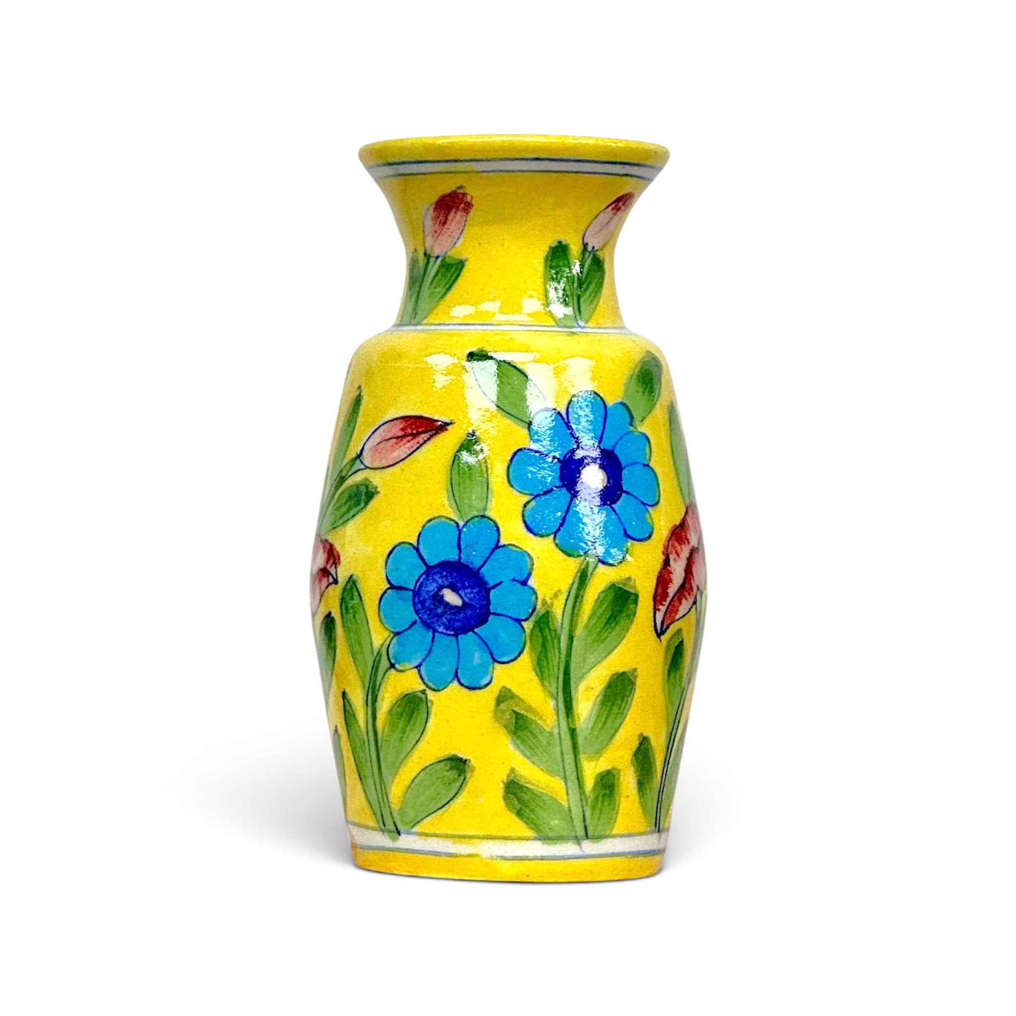 Yellow Blue Pottery Flower Vase – Handmade Jaipur Hand-Painted Décor