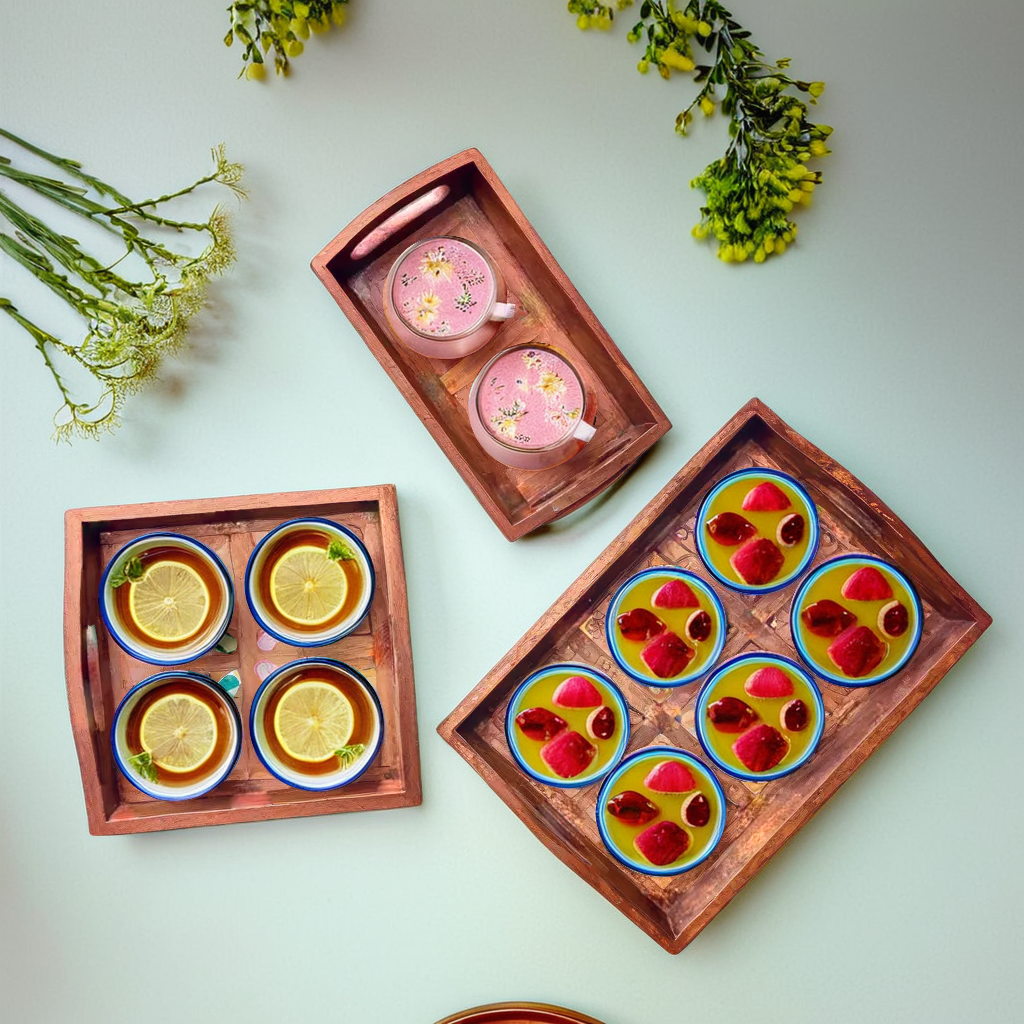 Blue Pottery Serving Tray Set of 3