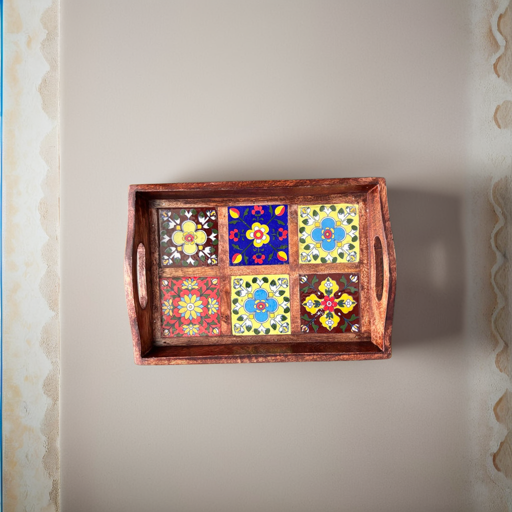 Blue Pottery 6 Tile Wooden Tray